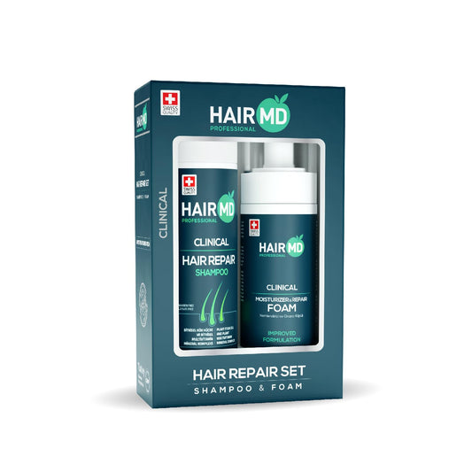 HairMD transplant hair repair set shampoo bottle demonstrates gentle post-transplant cleansing