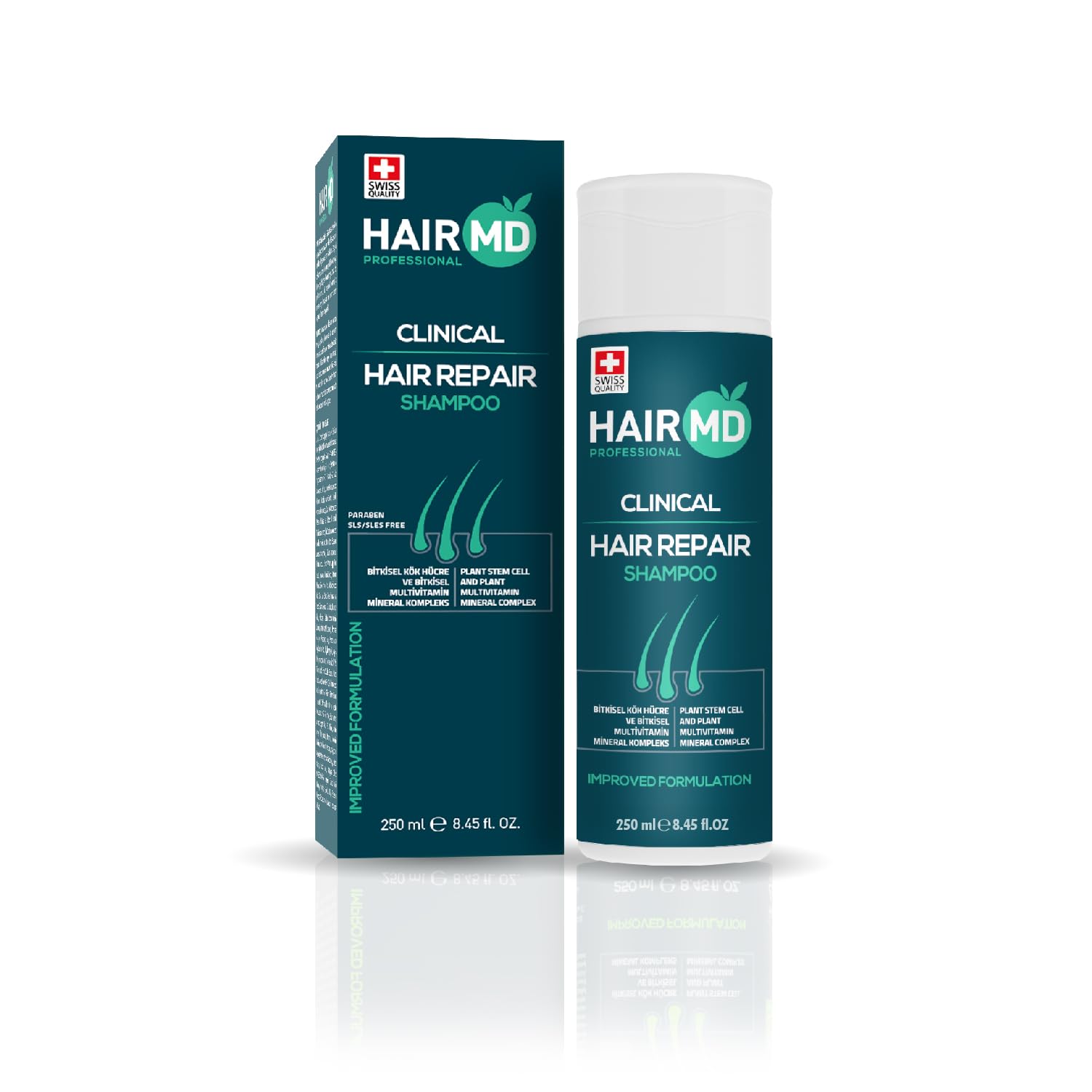 HairMD Transplant Clinical Repair Shampoo bottle showcases a soothing formula for post-transplant scalp care.