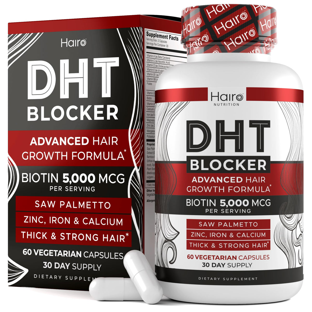 Hairo Nutrition DHT Blocker bottle; potential support for hair follicle growth.
