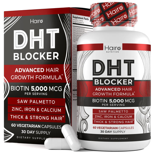 Hairo Nutrition DHT Blocker bottle; potential support for hair follicle growth.
