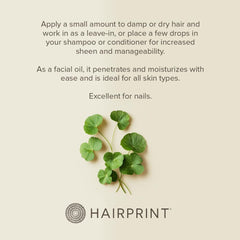 Hairprint Daikon Seed Oil texture close-up reveals light, silky oil.