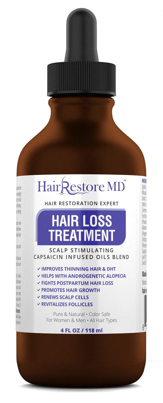 HairRestore MD DHT Blocker Oil cayenne bottle boosts scalp circulation.