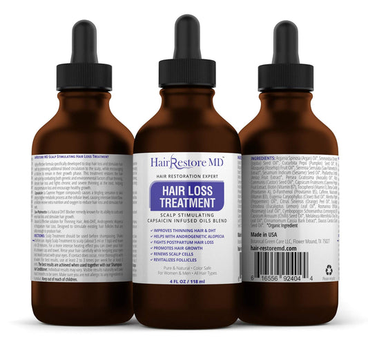 HairRestore MD DHT Blocker Oil cayenne dropper supports hair nourishment.
