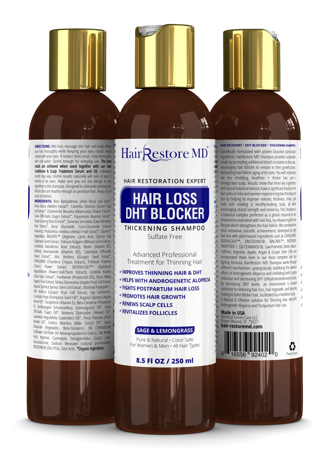 HairRestore MD DHT Blocker Shampoo bottle label closeup highlighting sage and lemongrass blend for refreshed scalp