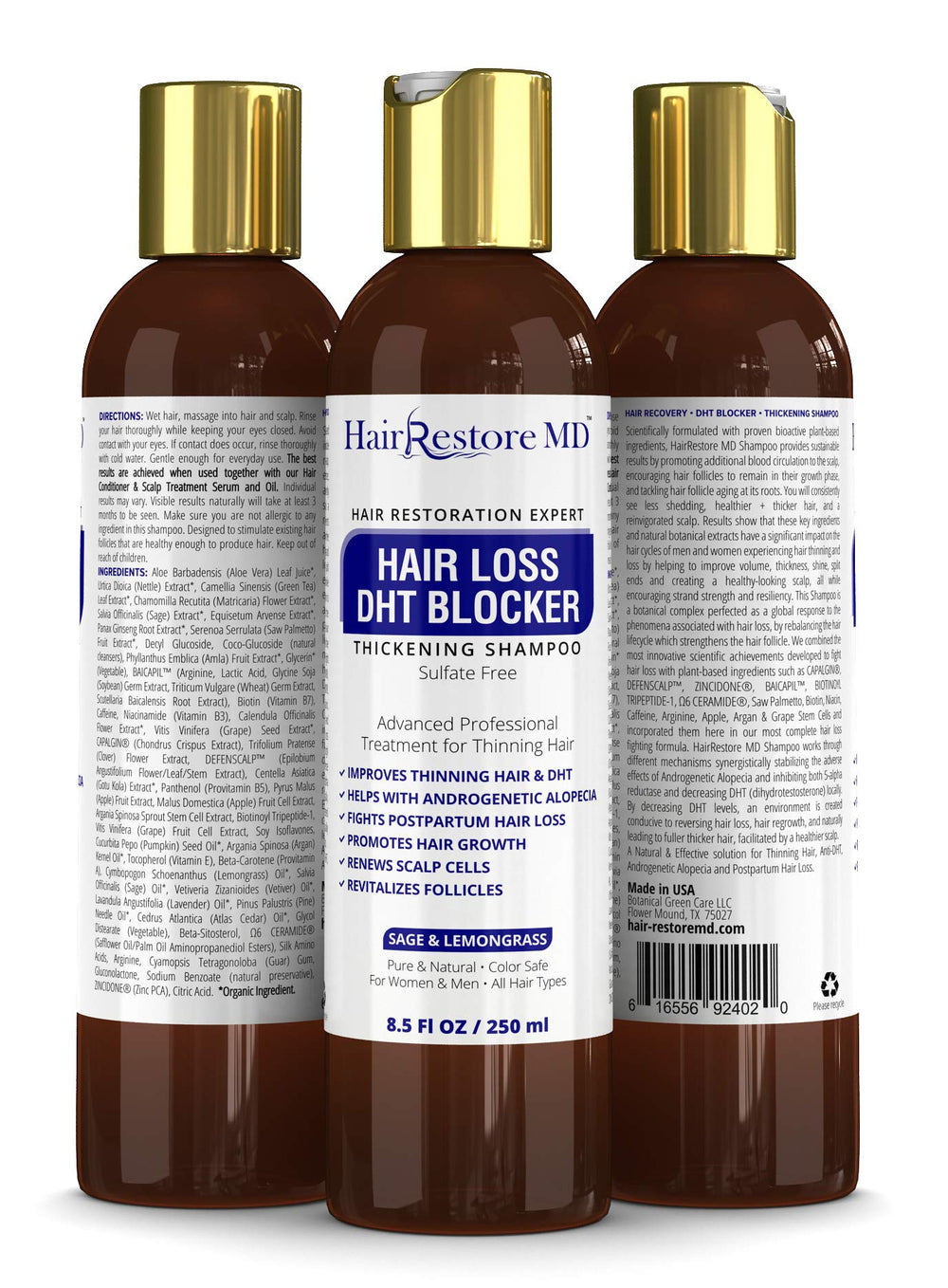 HairRestore MD DHT Blocker Shampoo bottle label closeup highlighting sage and lemongrass blend for refreshed scalp