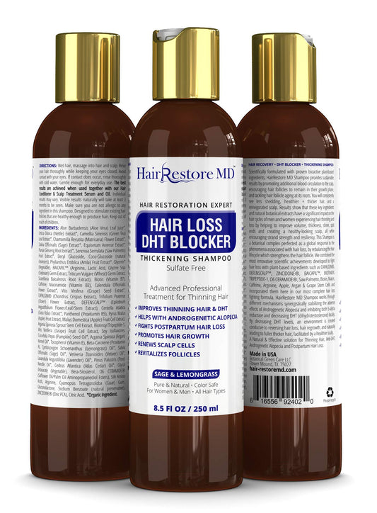 HairRestore MD DHT Blocker Shampoo bottle label closeup highlighting sage and lemongrass blend for refreshed scalp