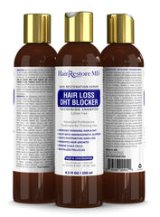 HairRestore MD DHT Blocker Shampoo bottle label closeup highlighting sage and lemongrass blend for refreshed scalp