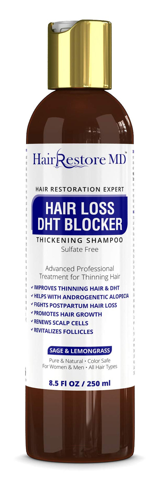 HairRestore MD DHT Blocker Shampoo bottle pour with sage and lemongrass aroma for daily scalp care