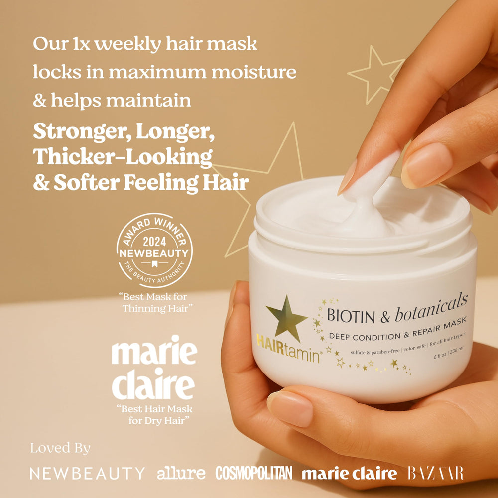HAIRtamin ingredients close-up showing biotin botanicals for healthy shine.