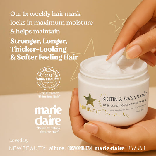 HAIRtamin ingredients close-up showing biotin botanicals for healthy shine.