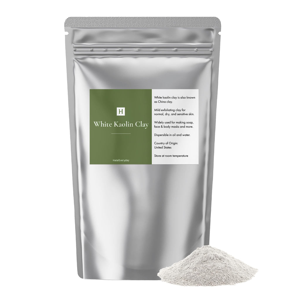 HalalEveryday White Kaolin Clay Powder bottle pour for gentle cleansing