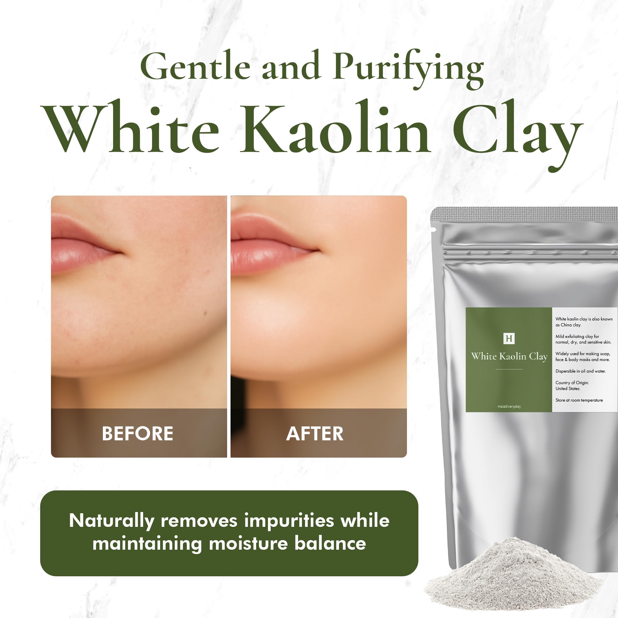 HalalEveryday White Kaolin Clay Powder close-up texture for smooth exfoliation