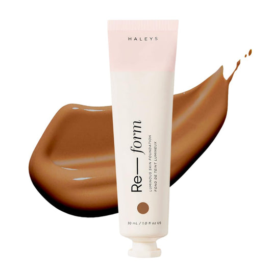 HALEYS Luminous Skin Foundation bottle closeup showing fragrance-free, oil-free finish.