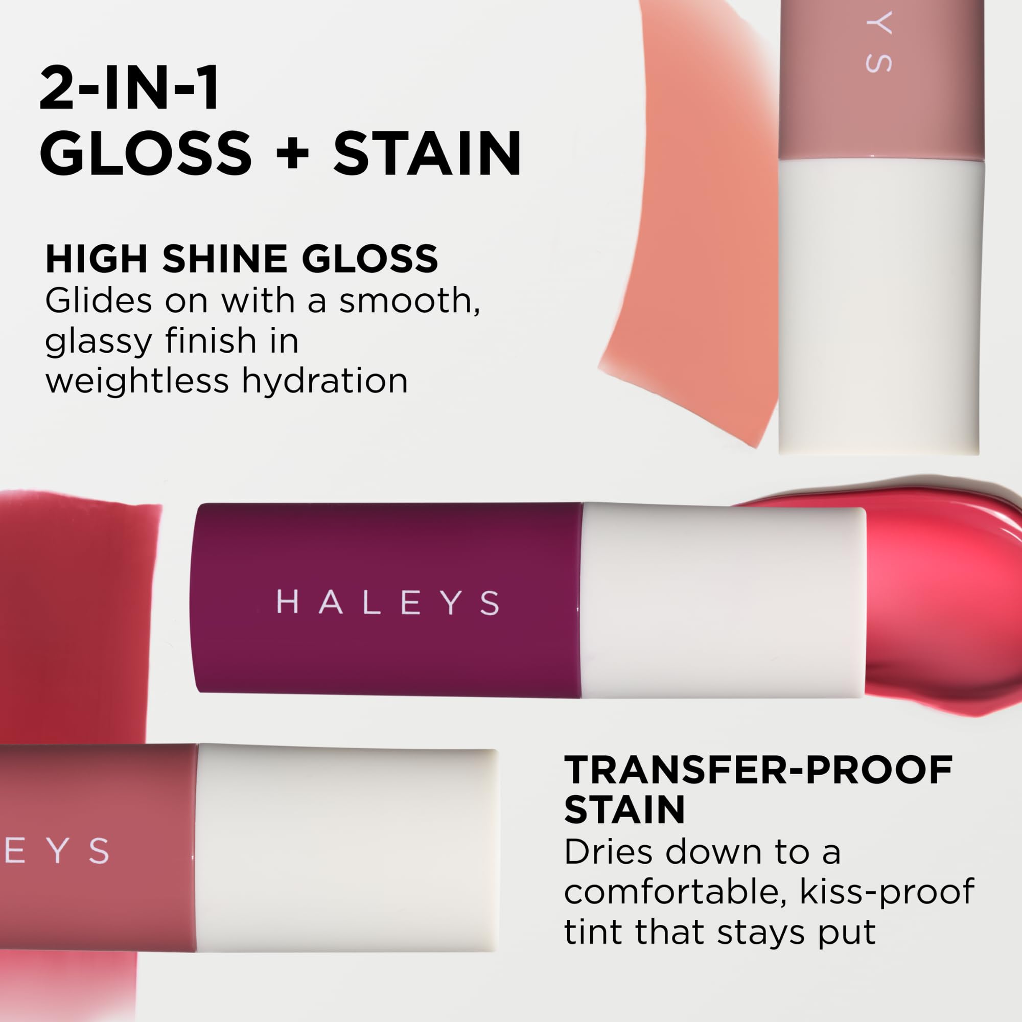 HALEYS Re-dew lip gloss application swirls show wet-to-dry transition for a customizable look.