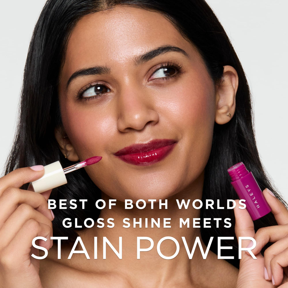 HALEYS Re-dew lip gloss wet gloss texture close-up highlighting lightweight feel.