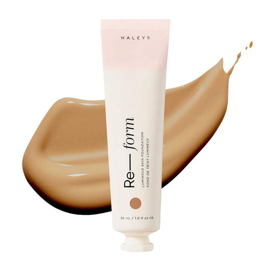 HALEYS Re-form foundation bottle closeup showing radiant finish for daily wear.
