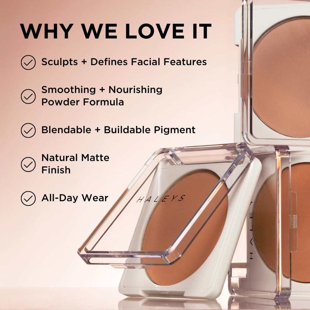 HALEYS Re-sculpt contour powder applied along jawline for subtle sculpting.