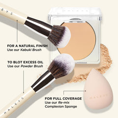 HALEYS Re-cover pressed powder brush application showing smooth blend