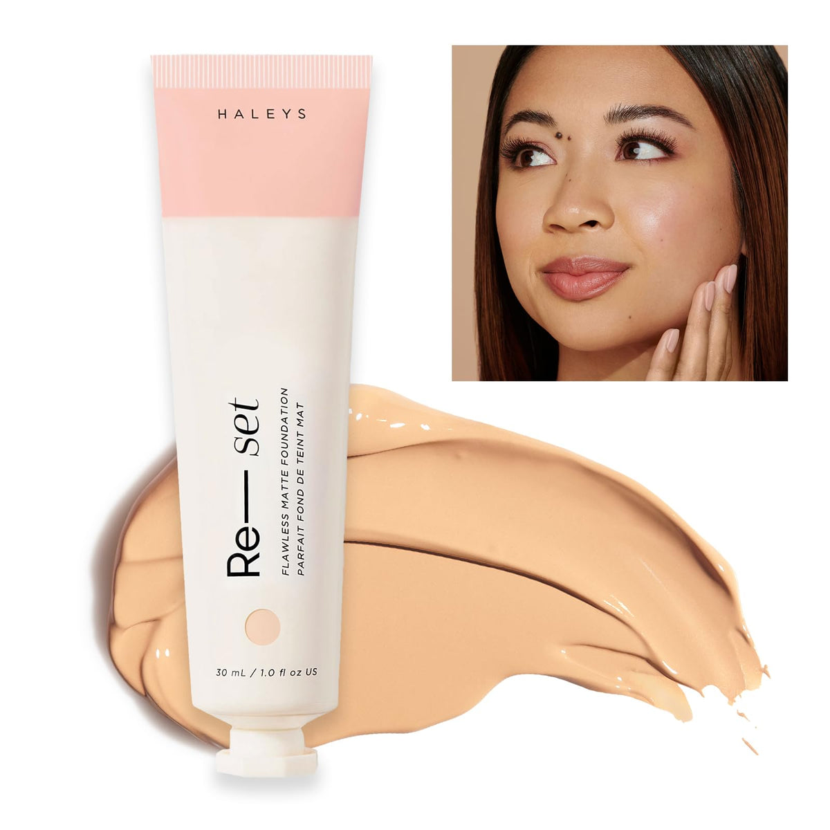 HALEYS Re-set foundation bottle with matte finish for oily skin and long wear.