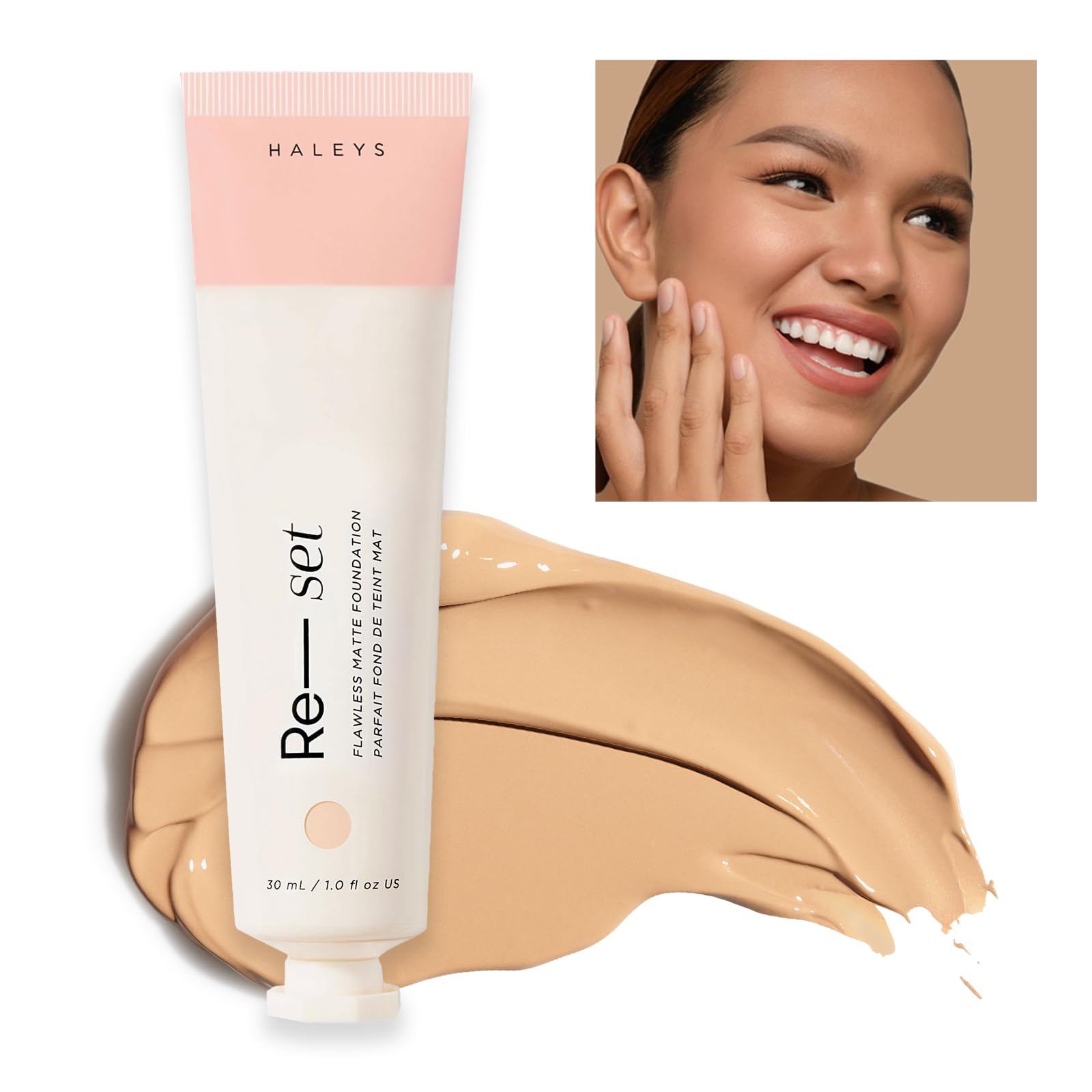 HALEYS Re-set full-coverage matte foundation bottle showing product benefits