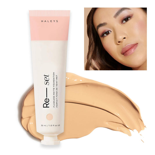 HALEYS Re-set foundation bottle showing full-coverage matte finish for all-day wear