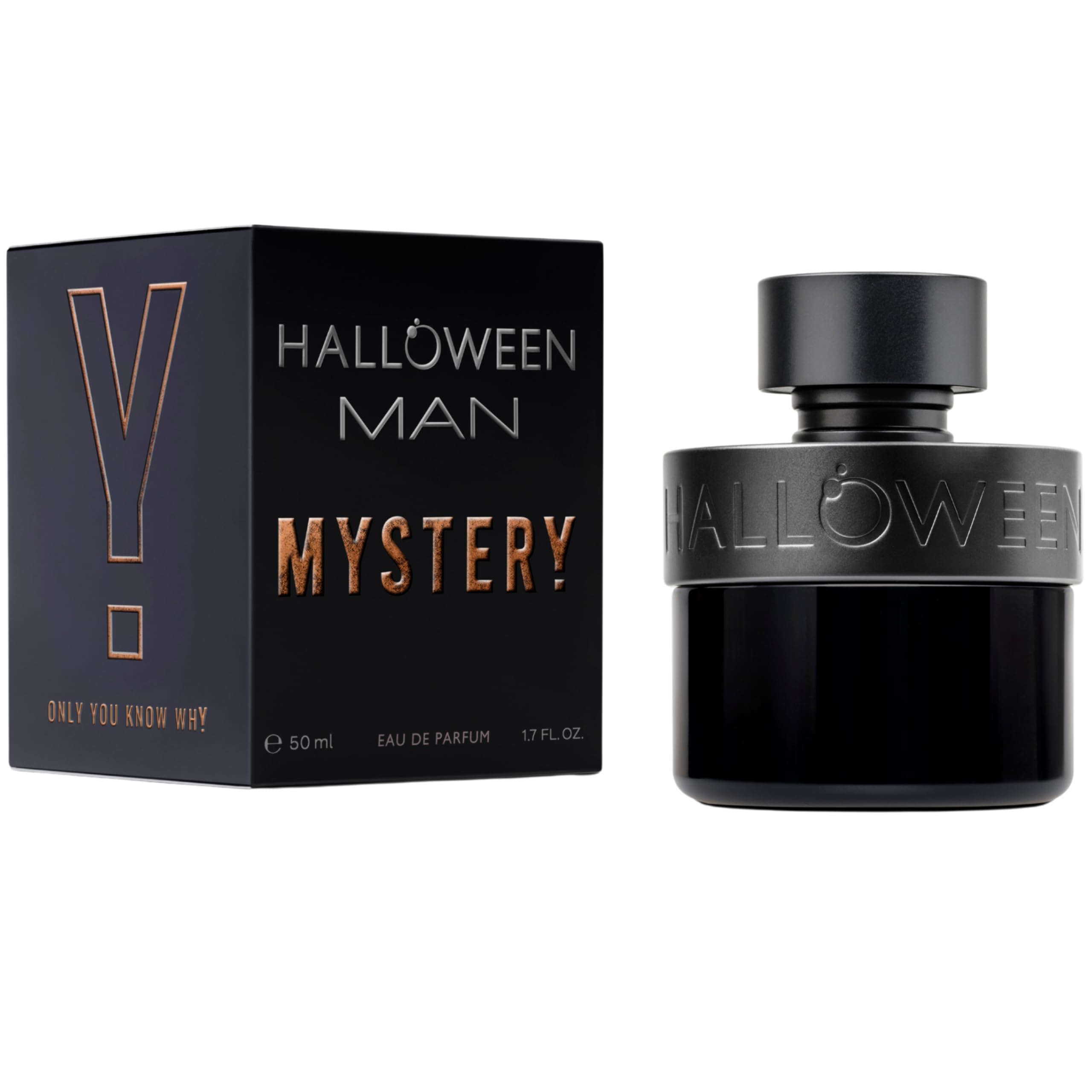 Halloween Man Mystery bottle front view, bold aroma profile for evening wear