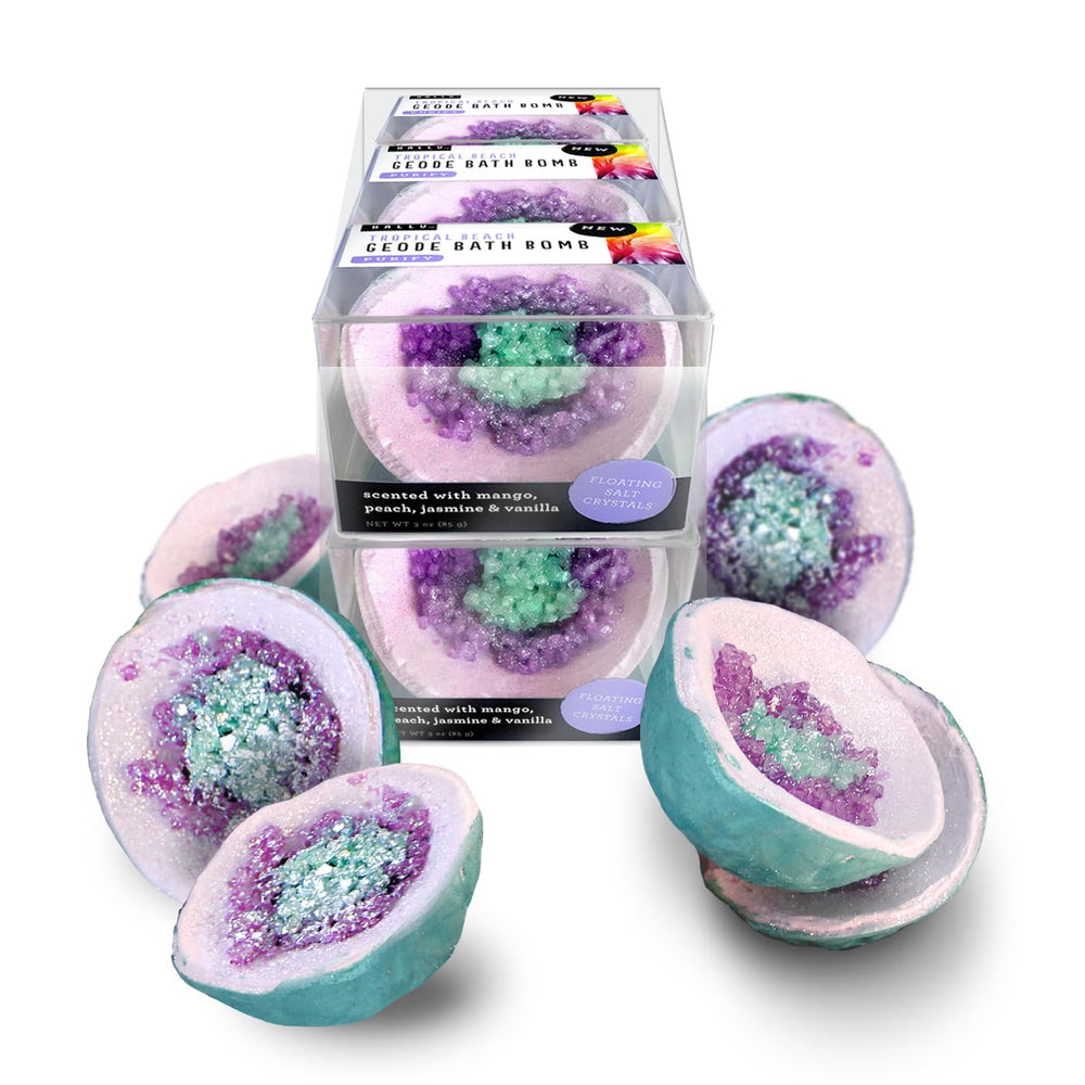 Hallu Tropical Beach Geode Bath Bomb pack-front, ideal as a stylish spa gift.