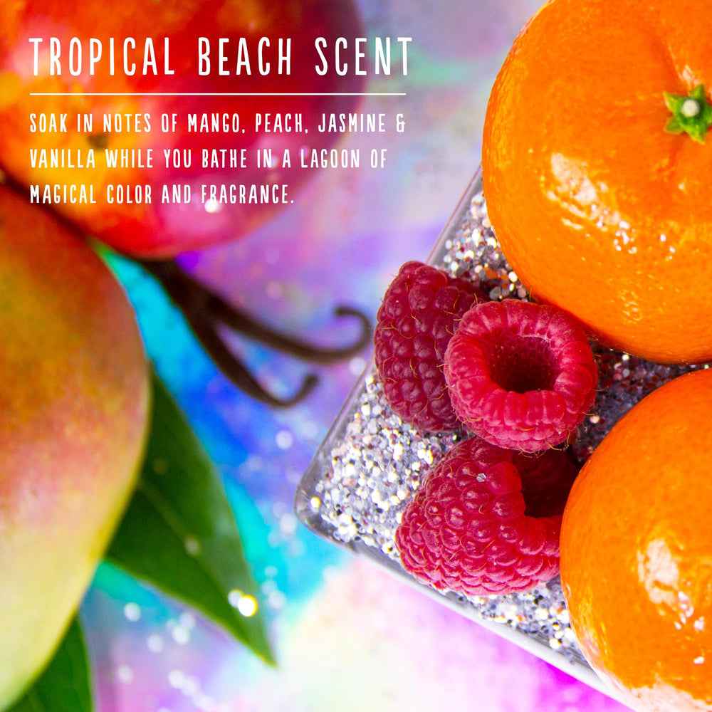 Hallu Tropical Beach Geode Bath Bomb water-color release for vibrant bath time.