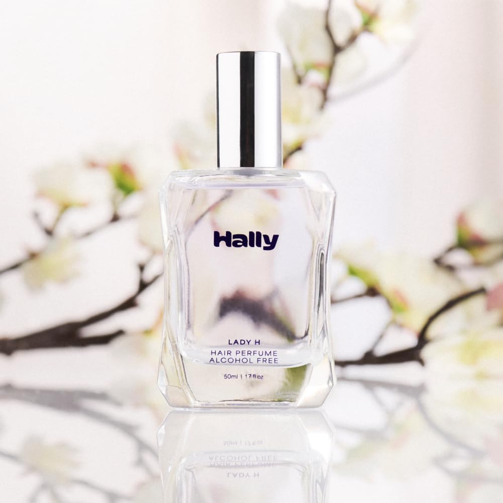 Hally Lady H cap closeup emphasizes alcohol free formula for hair and skin