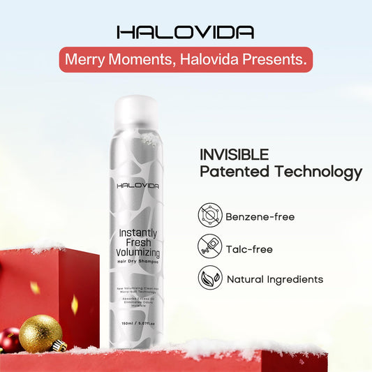 HALOVIDA dry shampoo spray mist application for quick refresh.