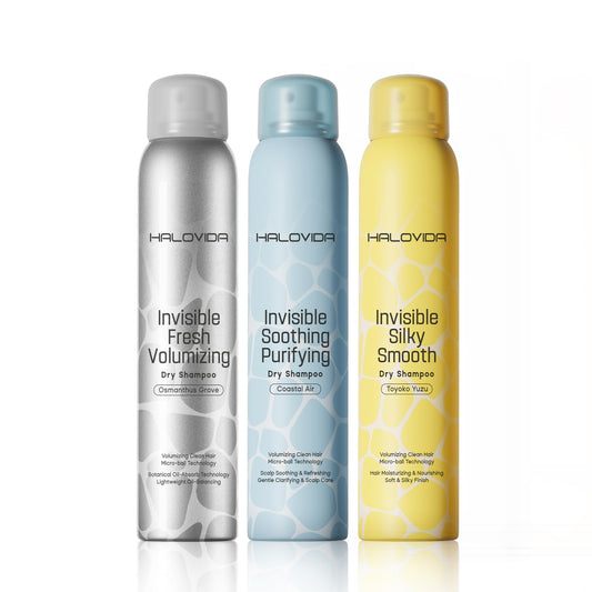 HALOVIDA dry shampoo bottle showing invisible residue on dark hair