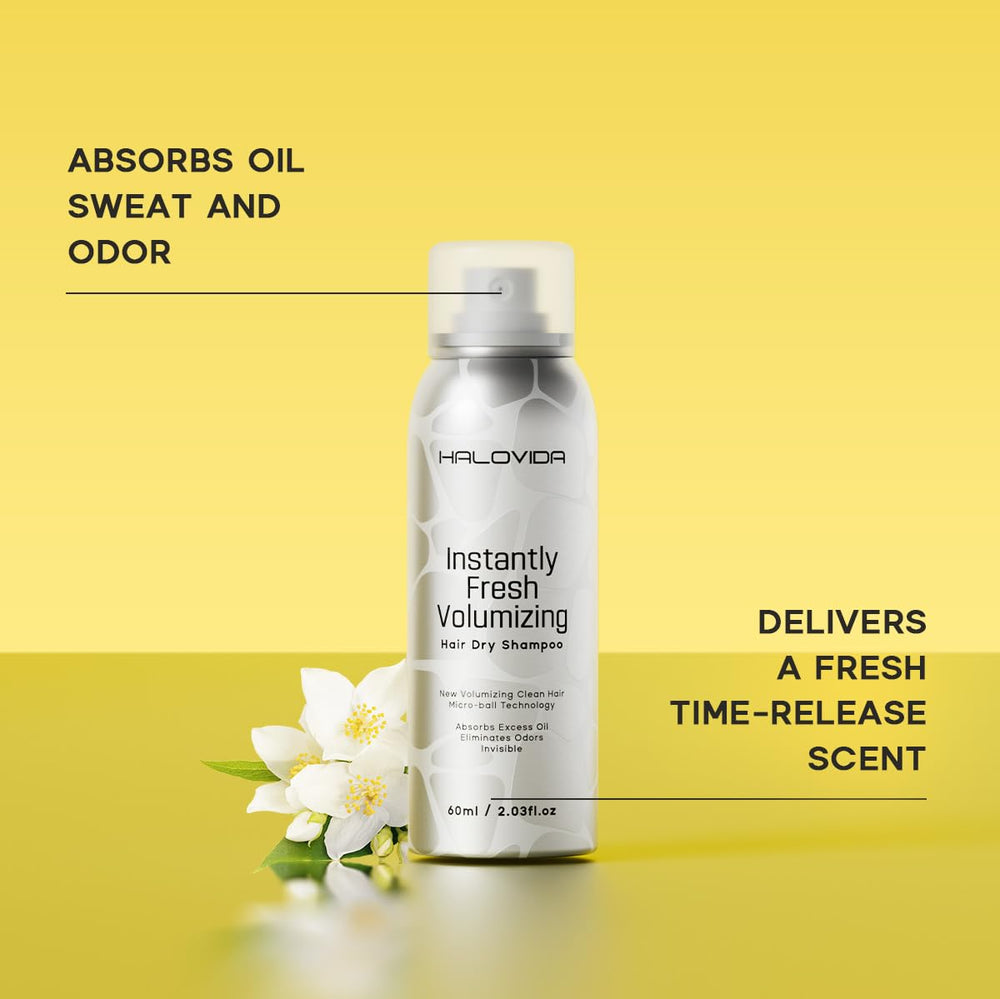 HALOVIDA Dry Shampoo showing panthenol and vitamin E benefits