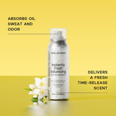 HALOVIDA Dry Shampoo showing panthenol and vitamin E benefits