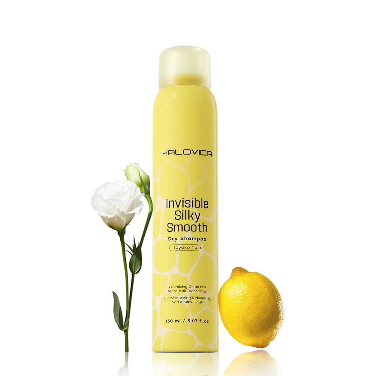 HALOVIDA Dry Shampoo Silky Yuzu bottle ready for quick refresh and subtle fragrance.