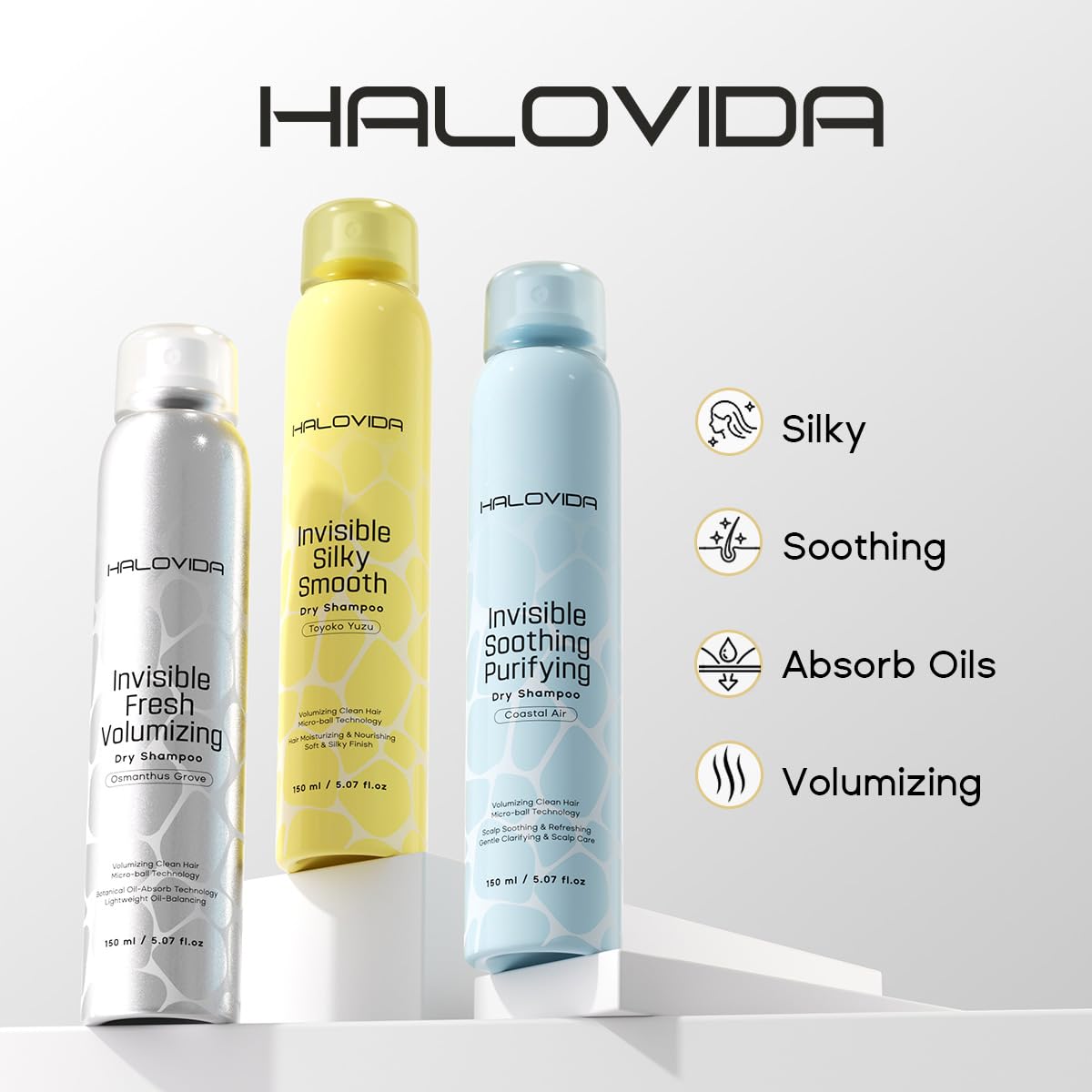 HALOVIDA Silky Yuzu dry shampoo enhances softness and manageability.