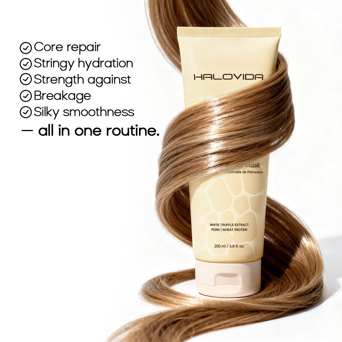 HALOVIDA white truffle jar highlights luxurious hydration for damaged hair