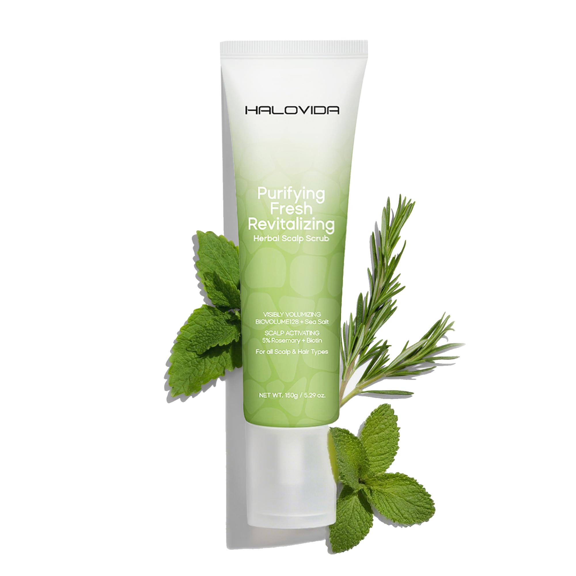 HALOVIDA Sea Salt Rosemary & Mint Scrub packaging showcases at-home scalp care with a refreshing scent.