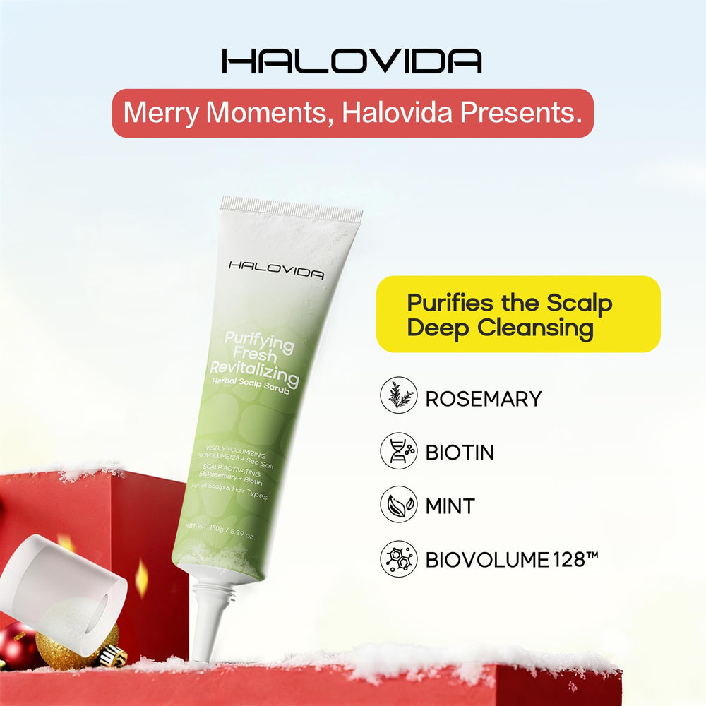 HALOVIDA scrub texture close-up highlights fine particles for gentle exfoliation.