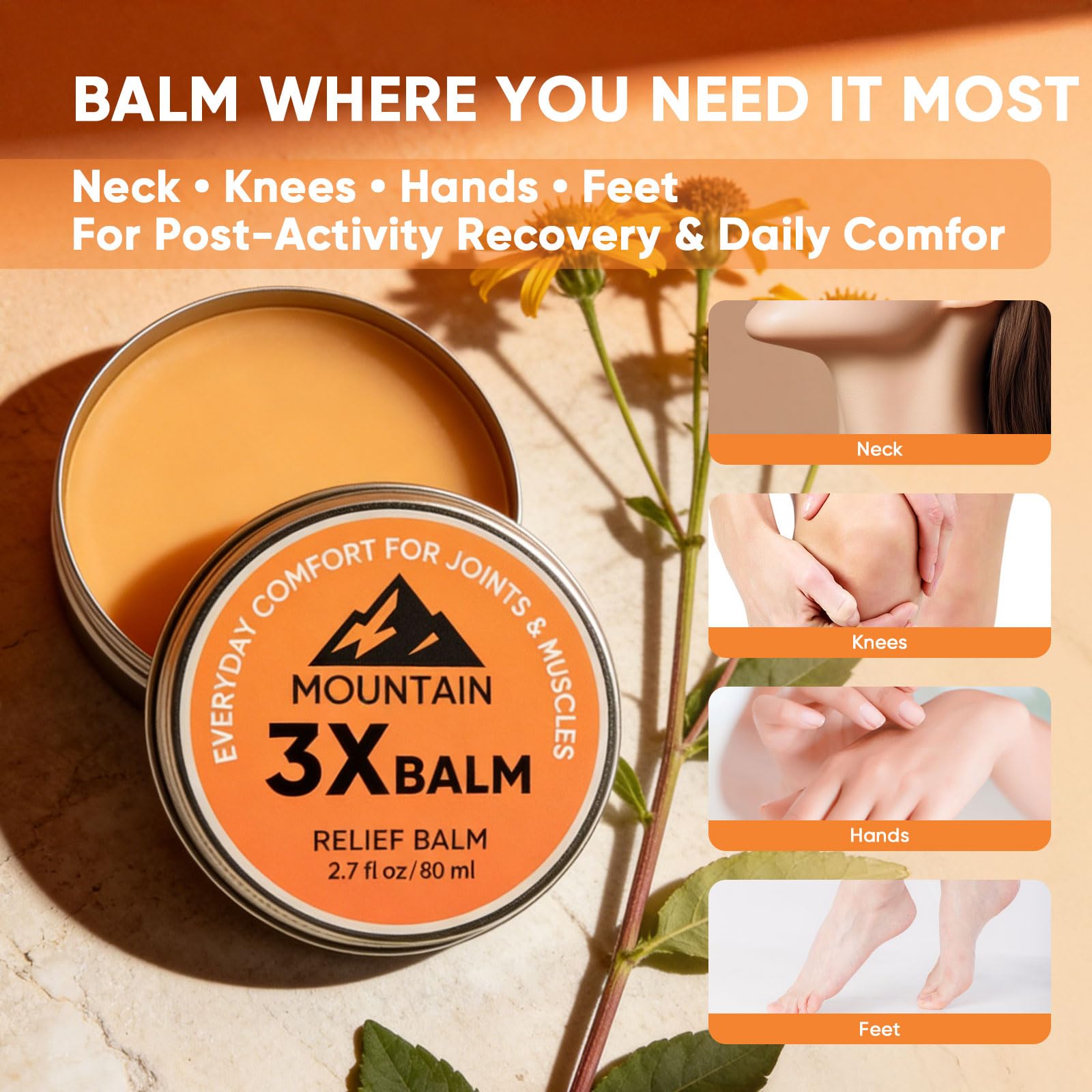 Halpilt Mountain 3X Relief Balm applied to knee for targeted joint relief