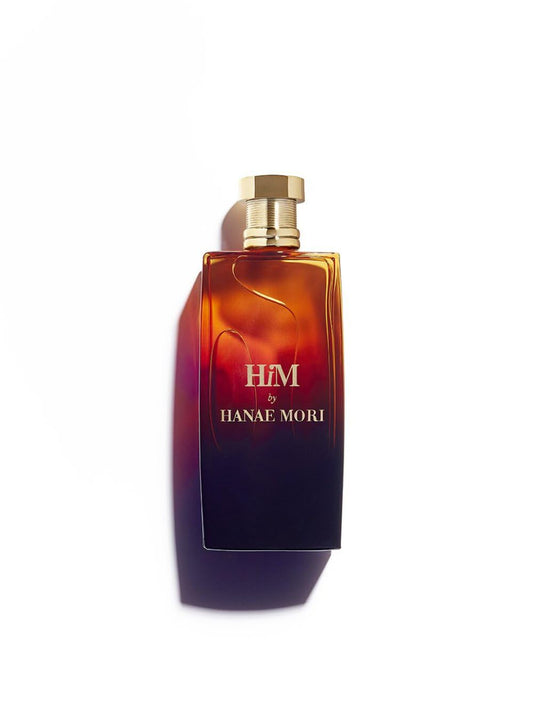 Hanae Mori Him EDT bottle side angle highlights sleek masculine design.