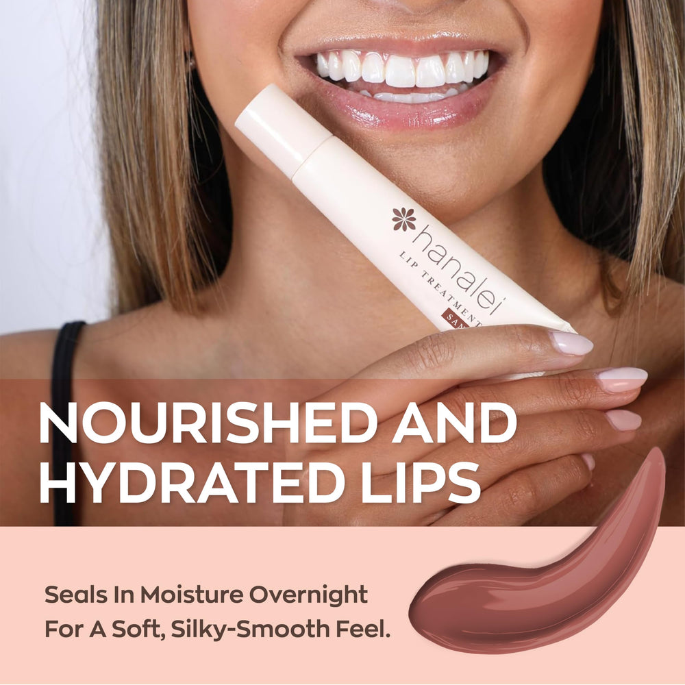 Hanalei Lip Treatment natural nude tint swatch on lips.
