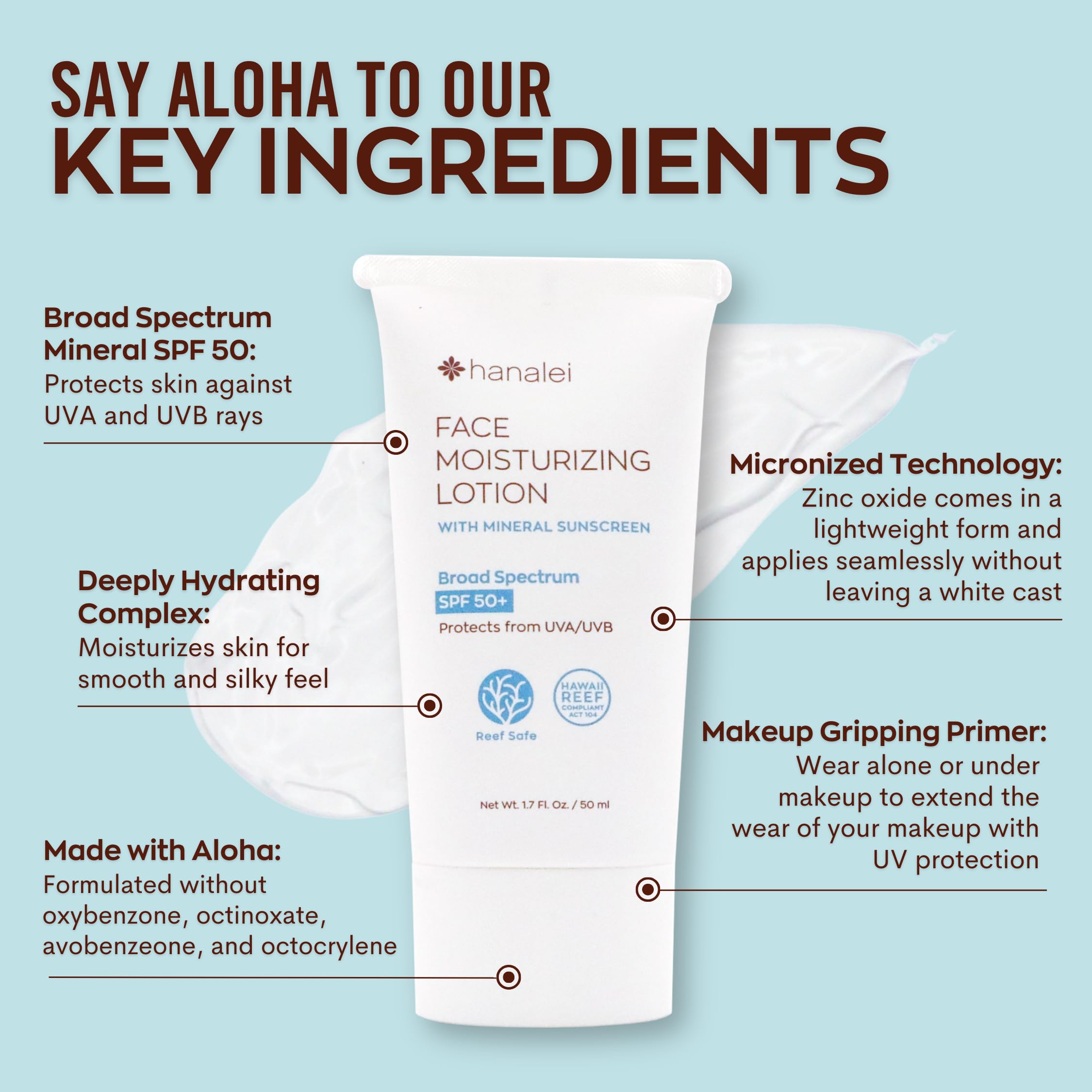 Hanalei Mineral Sunscreen Face Moisturizer SPF 50 reef-safe formula supports environmental care.