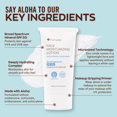 Hanalei Mineral Sunscreen Face Moisturizer SPF 50 reef-safe formula supports environmental care.