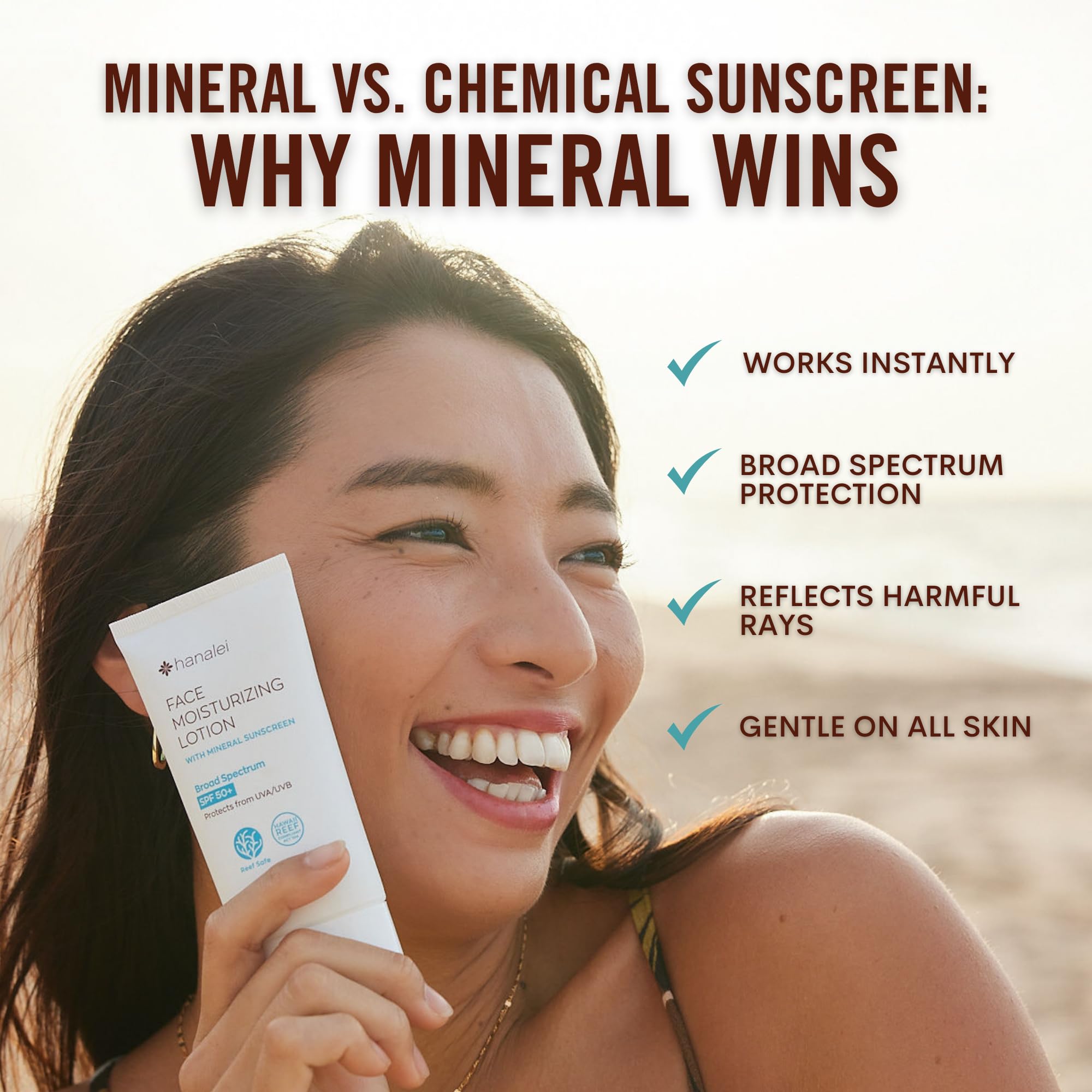 Hanalei Mineral Sunscreen Face Moisturizer SPF 50 for water and sweat resistance outdoors.