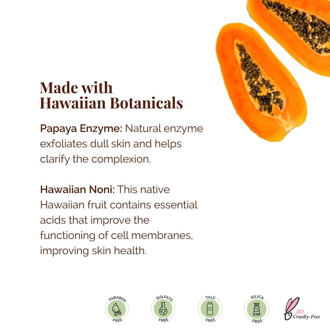 Close-up of ingredients in Hanalei Papaya Powder Face Cleanser, including papaya and noni.