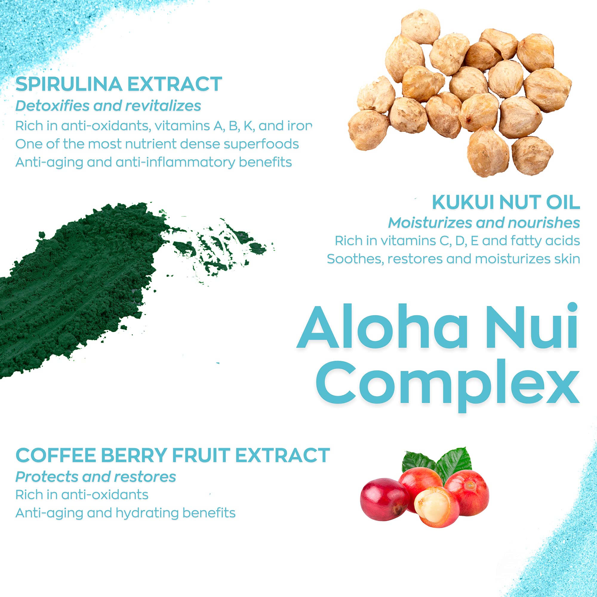 Hanalei Spirulina extract splash signals refreshed, vibrant-looking skin.