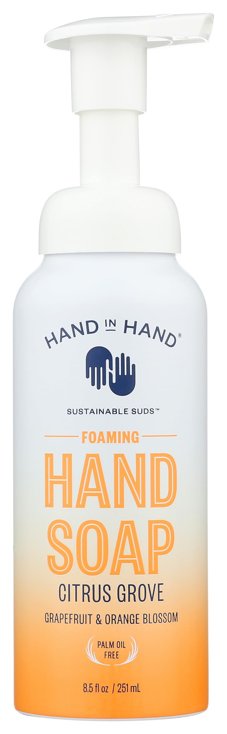 Hand in Hand Citrus Grove foaming soap bottle showing refreshing scent and easy lather