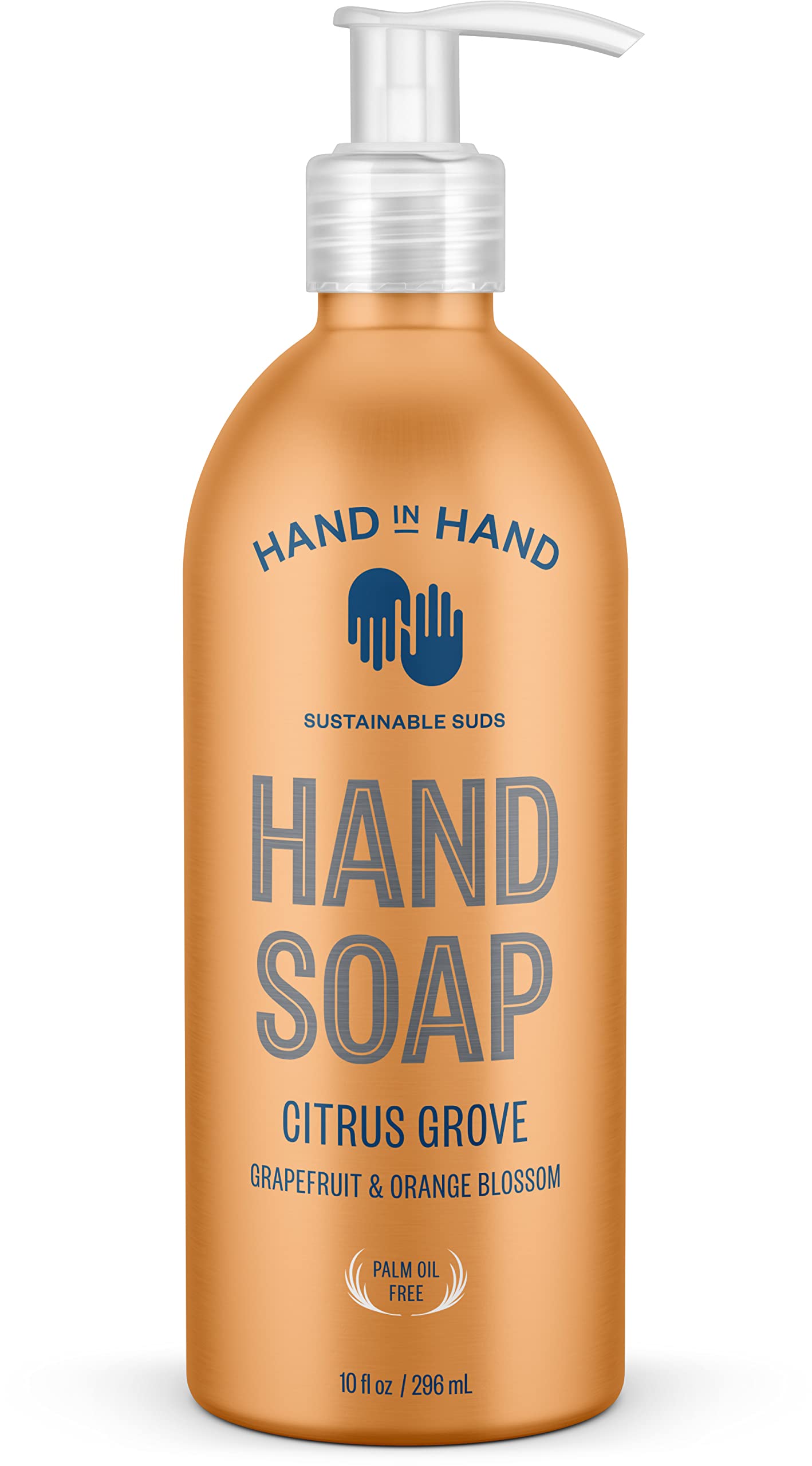 Hand In Hand Citrus Grove hand soap bottle with refreshing citrus aroma for daily cleansing.