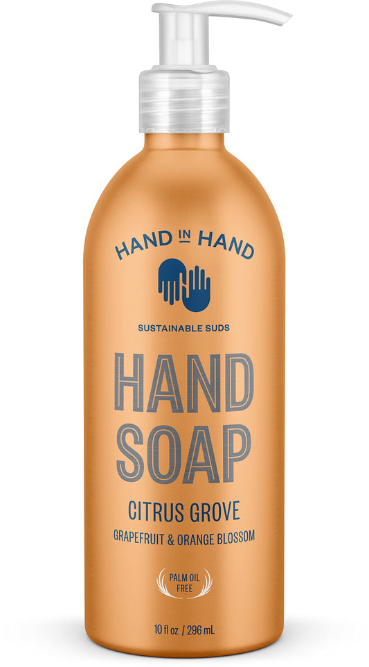 Hand In Hand Citrus Grove hand soap bottle with refreshing citrus aroma for daily cleansing.