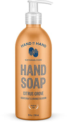 Hand In Hand Citrus Grove hand soap bottle with refreshing citrus aroma for daily cleansing.